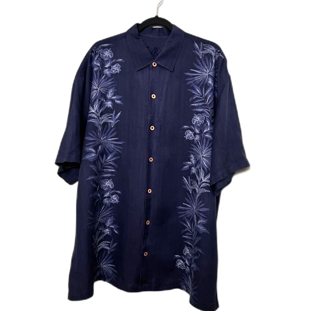 Tommy Bahama Embroidered Navy Silk and Linen Button down Men's Shirt 2XL